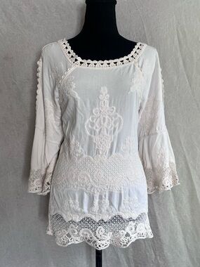 Ivory Lace-Trim V-Neck Blouse